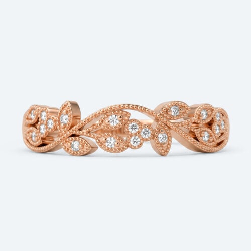 Round Cut Lab Grown Diamond Milgrain Wedding Band with Intricate Leaf Design