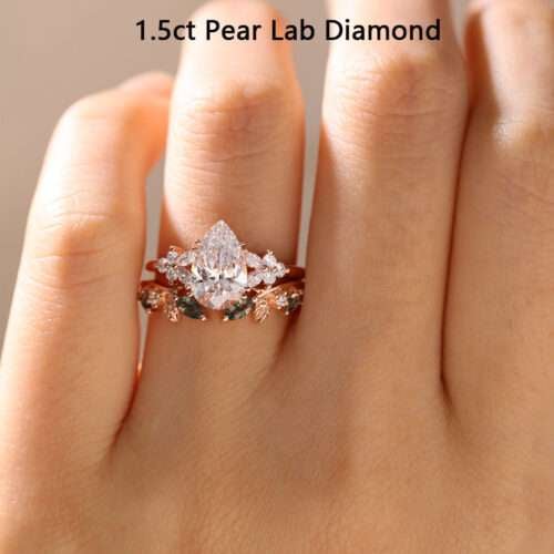 Rose Gold Ring Set 1.5ct Pear Cut Double Claw Lab Diamond Set