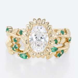 1 Carat Lab Diamond Ring Wedding Ring Sets Oval Sunflower Design