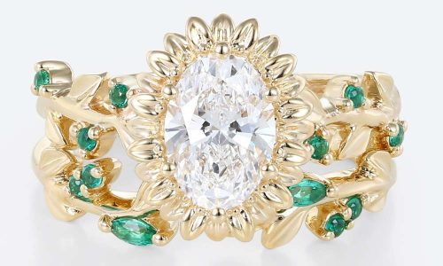 1 Carat Lab Diamond Ring Wedding Ring Sets Oval Sunflower Design