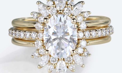 Three Piece Wedding Ring Set yellow gold 2 Carat Moissanite Stacking Rings Set