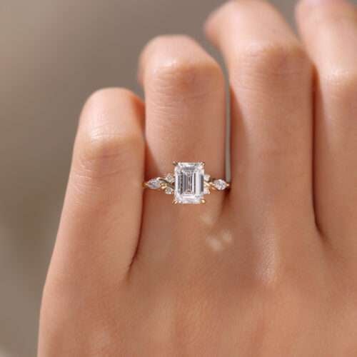 2 Ct Lab Grown Diamond Ring Emerald Cuts Yellow Gold Engagement Rings