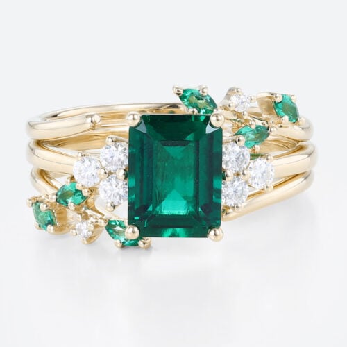 Emerald Cut Emerald Ring Gold Engagement Wedding Ring Sets