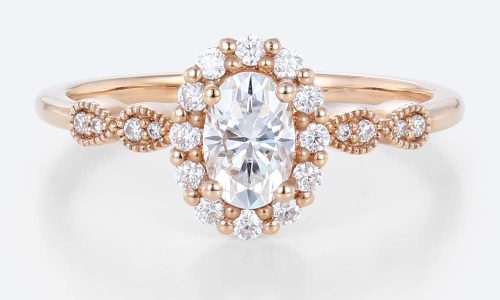 Moissanite Halo Engagement Rings Rose Gold Unique Vintage Rings