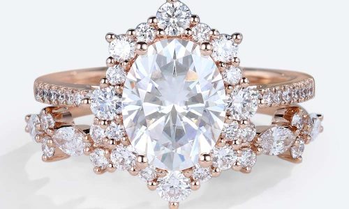 Moissanite Ring Set 1.5ct Oval Pave Vintage Halo Engagement Rings in rose gold