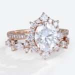 Moissanite Ring Set 1.5ct Oval Pave Vintage Halo Engagement Rings in rose gold