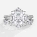 Moissanite Ring Set 1.5ct Oval Pave Vintage Halo Engagement Rings in white gold
