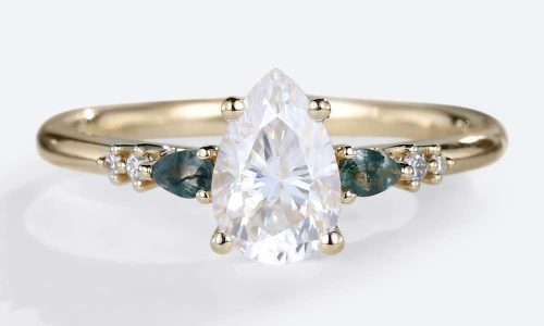 Moissanite Pear Engagement Rings Moss Agate Art Deco Rings Vintage