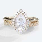Pear Halo Moissanite Ring Yellow Gold Vintage Moissanite Bridal Ring Sets