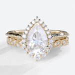 Pear Halo Moissanite Ring Yellow Gold Vintage Moissanite Bridal Ring Sets