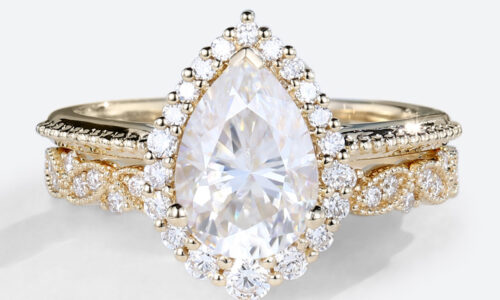 Pear Halo Moissanite Ring Yellow Gold Vintage Moissanite Bridal Ring Sets