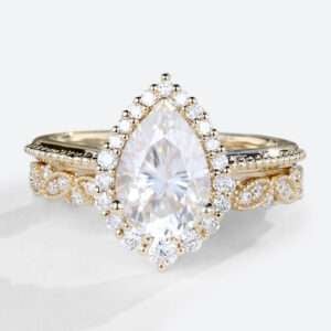 Pear Halo Moissanite Ring Yellow Gold Vintage Moissanite Bridal Ring Sets
