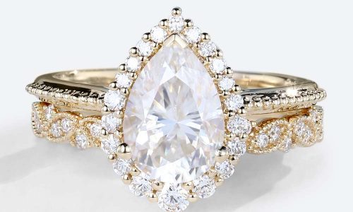 Pear Halo Moissanite Ring Yellow Gold Vintage Moissanite Bridal Ring Sets