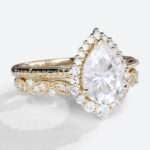 Pear Halo Moissanite Ring Yellow Gold Vintage Moissanite Bridal Ring Sets