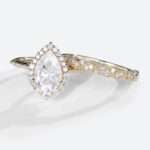 Pear Halo Moissanite Ring Yellow Gold Vintage Moissanite Bridal Ring Sets