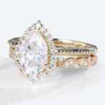 Pear Halo Moissanite Ring Yellow Gold Vintage Moissanite Bridal Ring Sets