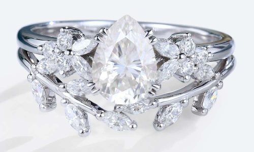 Pear Shaped Wedding Ring Set Nature Inspired White Gold 1.2 Ct Moissanite Ring