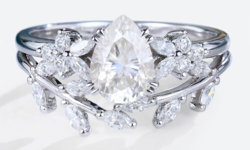 Pear Shaped Moissanite Nature-Inspired Engagement Ring Set with Curved Wedding Band