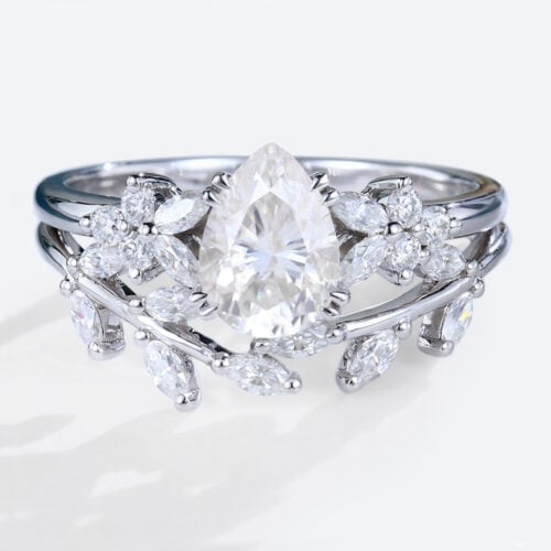 Pear Shaped Moissanite Nature-Inspired Engagement Ring Set with Curved Wedding Band