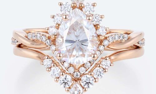1 Carat Moissanite Pear Shaped Wedding Ring Sets Unique Rope Band in rose gold