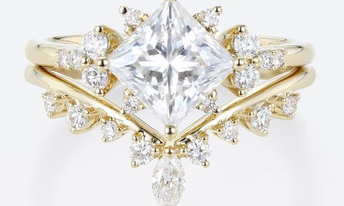 Princess Cut Moissanite Cluster Engagement Ring Set with Curved Wedding Band (1)