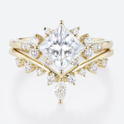 Princess Cut Moissanite Cluster Engagement Ring Set with Curved Wedding Band