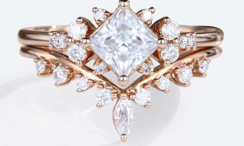 Moissanite Engagement Ring Set Cluster Princess Cut Promise Rings in rose gold