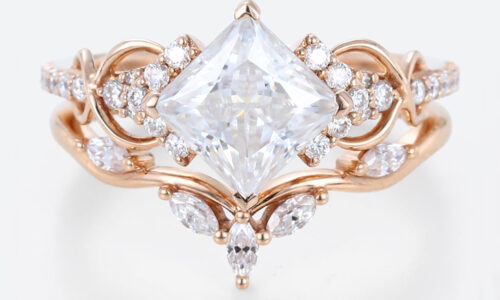 2 Ct Princess Cut Ring Set Moissanite Rose Gold Engagement Ring