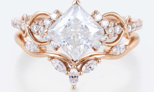2 Ct Princess Cut Ring Set Moissanite Rose Gold Engagement Ring