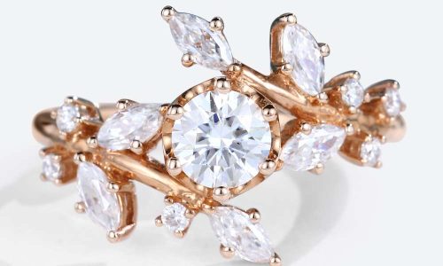 Round Moissanite Engagement Rings Nature Inspired Rose Gold Mothers Ring