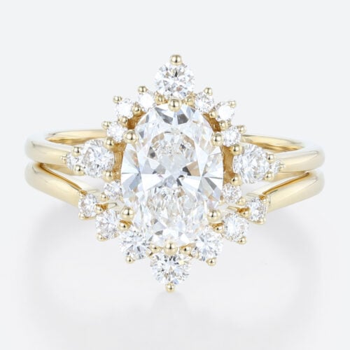 Yellow Gold Oval Lab Diamond Engagement Ring 6 Prong Oval Bridal Ring Set