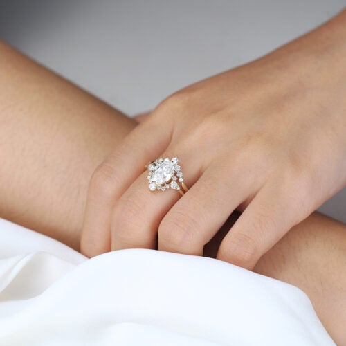 Yellow Gold Oval Lab Diamond Engagement Ring 6 Prong Oval Bridal Ring Set