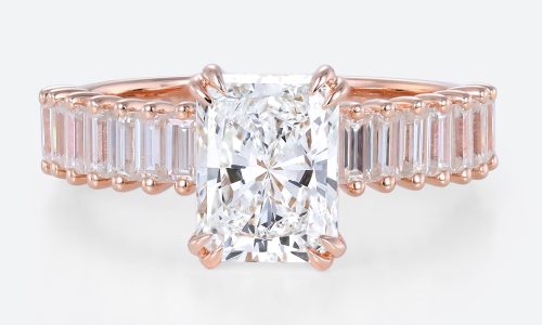 1.5ct Colorless VS+ Radiant Cut Lab Grown Diamond Baguette Accents Double Claw Prong Engagement Ring in Rose Gold (1) Radiant Cut Rose Gold Engagement Ring Unique 1.5ct Lab Diamond Rings in Rose Gold