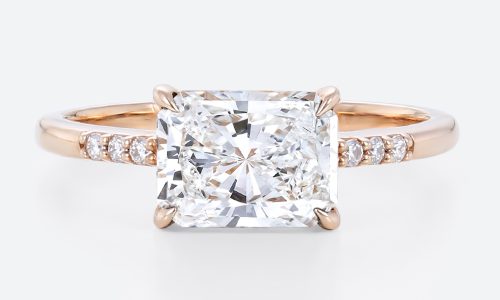 1.5ct Colorless VS+ Radiant Cut Lab Grown Diamond East-West 4 Claw Prong Engagement Ring Pavé Band in Rose Gold (1) East West Engagement Ring 1.5ct Radiant Cut Lab Diamond Rings in Rose Gold