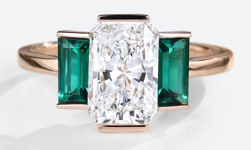 1.5ct Colorless VS+ Radiant Cut Lab Grown Diamond Emerald Accents Bezel Setting Engagement Ring in Rose Gold (1) Radiant Cut Lab Diamond Engagment Ring Bezel Set Emerald Ring in Rose Gold