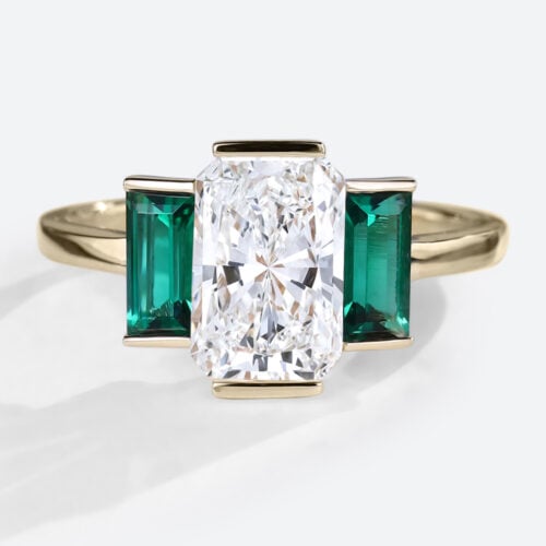 Radiant Cut Lab Diamond Engagment Ring Bezel Set Emerald Ring in yellow Gold