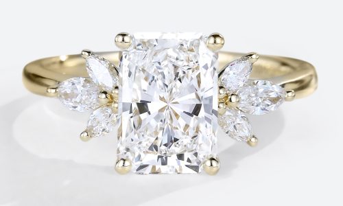 1.5ct Colorless VS+ Radiant Cut Lab Grown Diamond Marquise Accented 4-Prong Engagement Ring in Yellow Gold (1) Radiant Cut Engagement Rings 1.5 Carat Lab Grown Diamond Ring