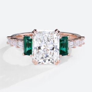 1.5 Carat Lab Diamond Double Claw Ring Emerald Side Stone in Rose Gold