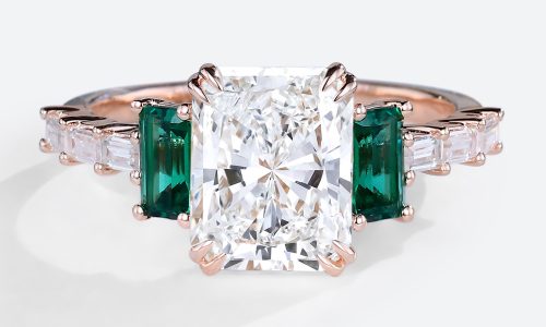1.5ct Colorless VS+ Radiant Cut Lab Grown Diamond Modern Classic 4 Double Claw Prong Engagement Ring in Rose Gold (1) 1.5 Carat Lab Diamond Double Claw Ring Emerald Side Stone in Rose Gold