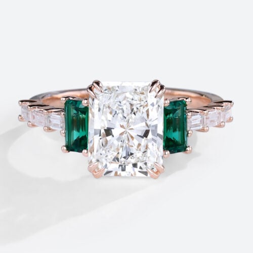 1.5 Carat Lab Diamond Double Claw Ring Emerald Side Stone in Rose Gold