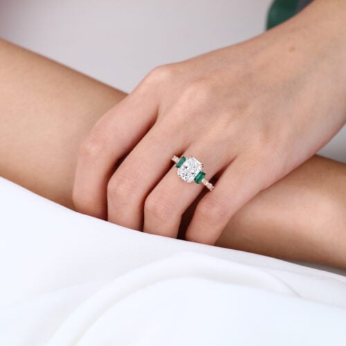 1.5 Carat Lab Diamond Double Claw Ring Emerald Side Stone in Rose Gold