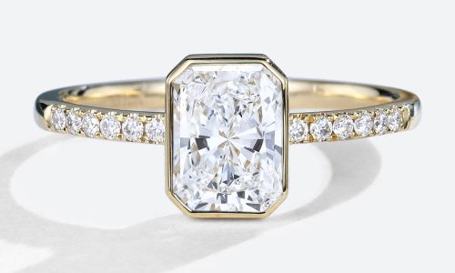 1.5ct Colorless VS+ Radiant Cut Lab Grown Diamond Pavé Bezel Setting Engagement Ring in Yellow Gold (1) 1.5 Carat Radiant Cut Diamond Ring Lab Grown Pave Bezel Setting Ring