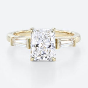 Radiant Cut Diamond Engagement Ring Three Stone Lab Diamond Rings in Yellow Gold