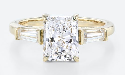 1.5ct Colorless VS+ Radiant Cut Lab Grown Diamond Three Stone 4 Claw Prong Engagement Ring in Yellow Gold (1) Radiant Cut Diamond Engagement Ring Three Stone Lab Diamond Rings in Yellow Gold