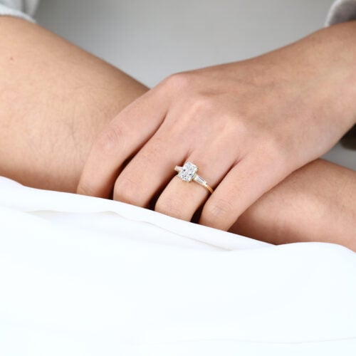 Radiant Cut Diamond Engagement Ring Three Stone Lab Diamond Rings in Yellow Gold