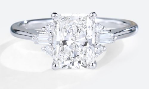 1.5ct Colorless VS+ Radiant Cut Lab Grown Diamond Unique Cluster 4-Prong Engagement Ring in White Gold (1) 1.5ct Lab Grown Diamond Engagement Rings Radiant Cut 4-Prong Rings in White Gold