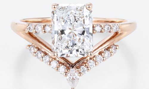 1.5ct Colorless VS+ Radiant Cut Lab Grown Diamond Unique V-Shaped 4-Prong Engagement Ring in Rose Gold (1) 1.5ct Radiant Cut Lab Diamond Ring 4-Prong Unique Engagement Ring in Rose Gold