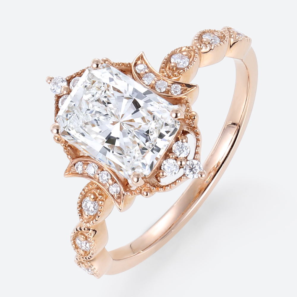Rose Gold Radiant Cut Lab Grown Diamond Rings​ 1.5ct Art Deco Rings Vintage