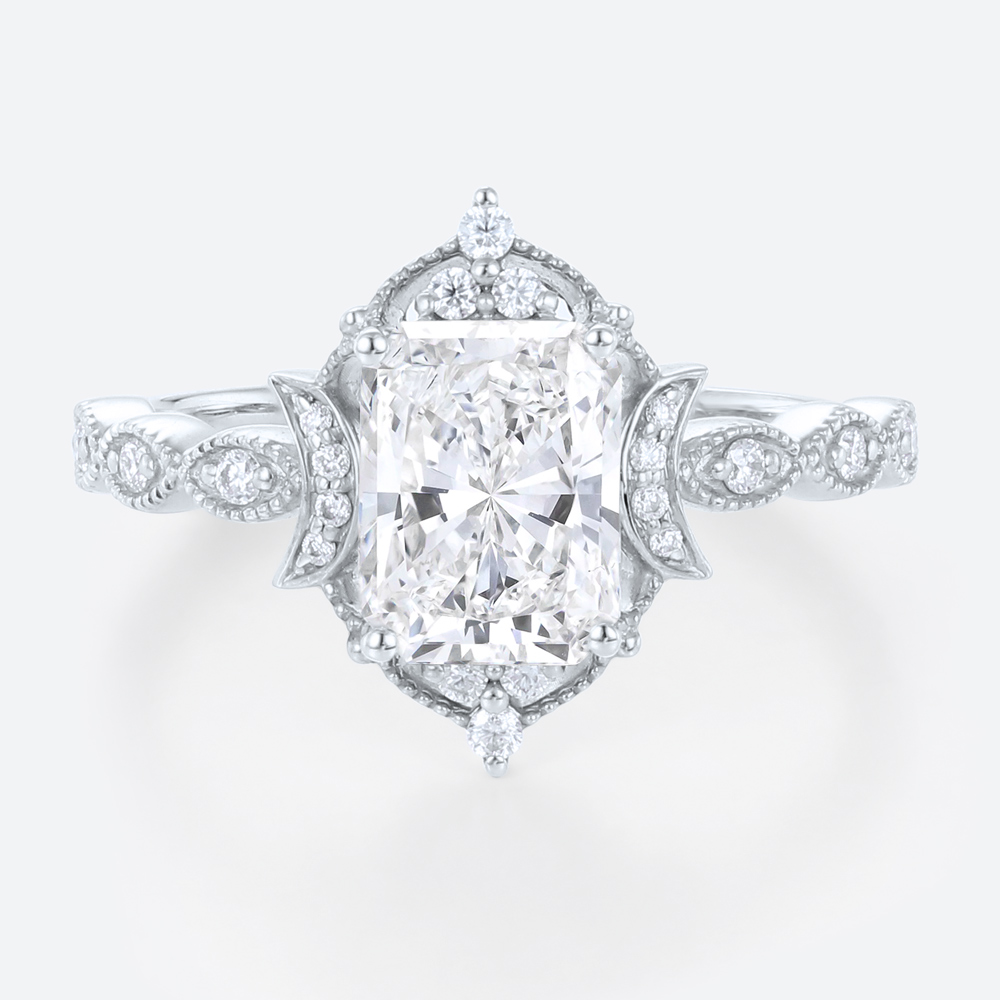White Gold Radiant Cut Lab Grown Diamond Rings​ 1.5ct Art Deco Rings Vintage