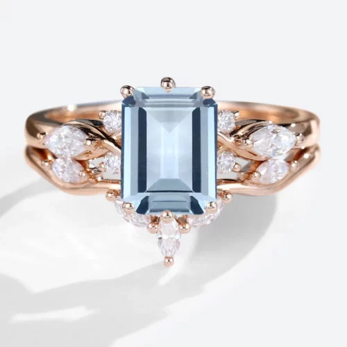 14k Rose Gold Emerald Cut Engagement Rings Aquamarine Engagement Ring Set